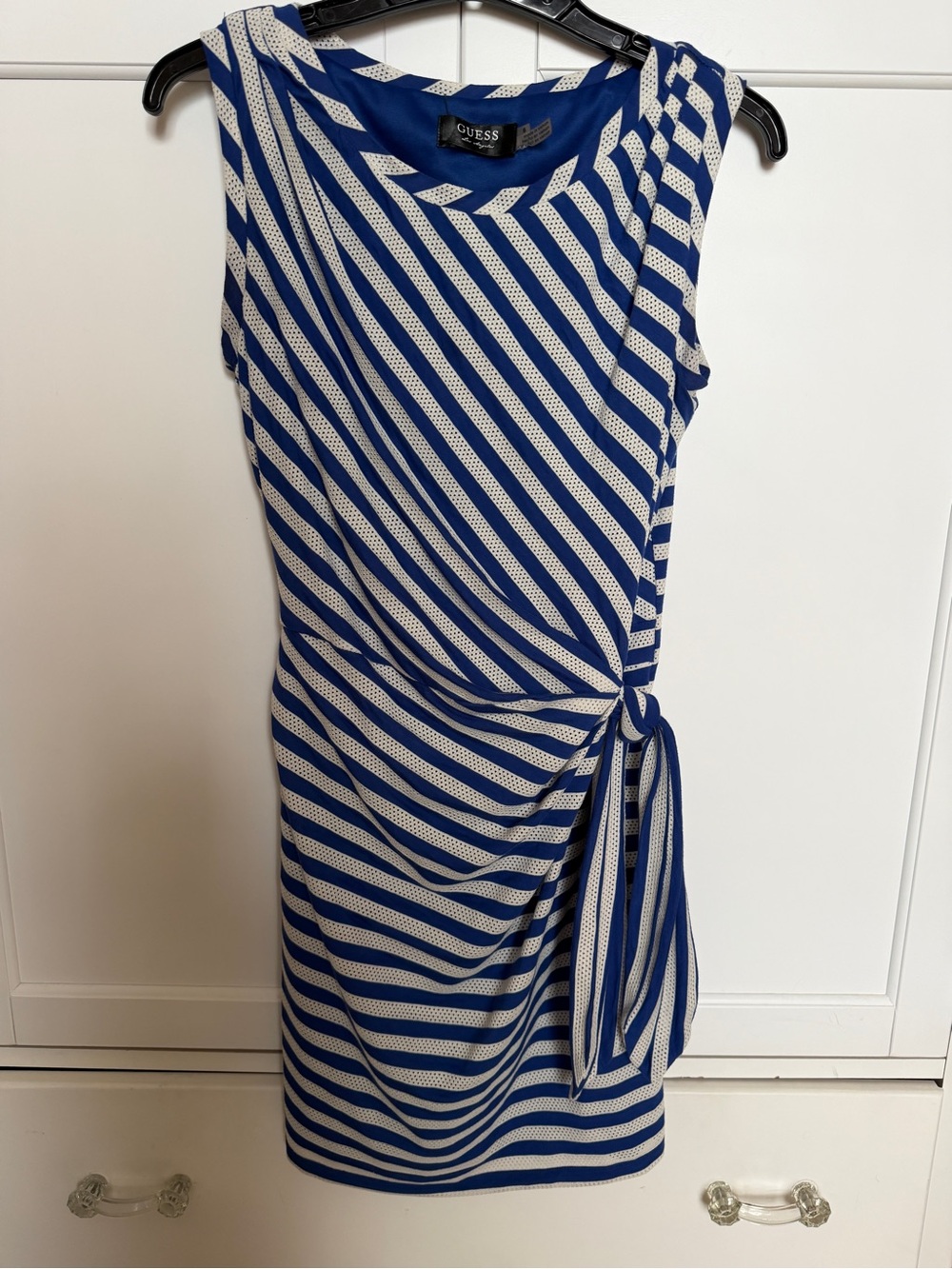GUESS Blue and White Striped Sleeveless Wrap Dress-